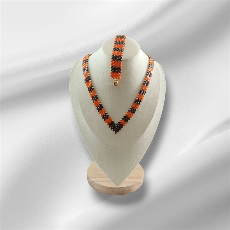 Parure Manon collier et bracelet chevron coloris Mandarine – perles Half Tila Miyuki fait main en France