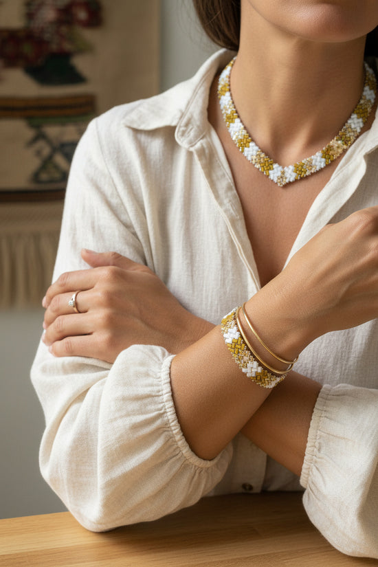 Parure Manon collier et bracelet chevron  – perles Half Tila Miyuki fait main en France